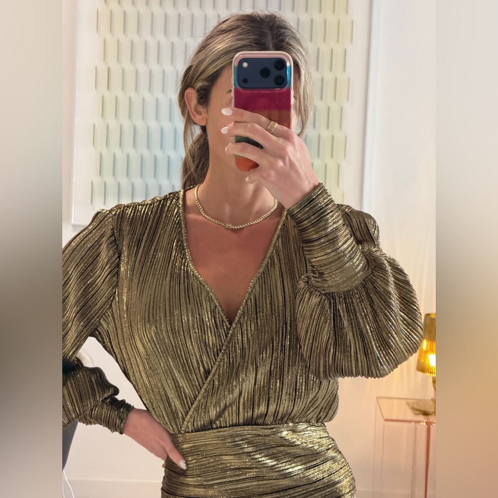 Bardot Metallic Gold Surplice Long Sleeve Blouse